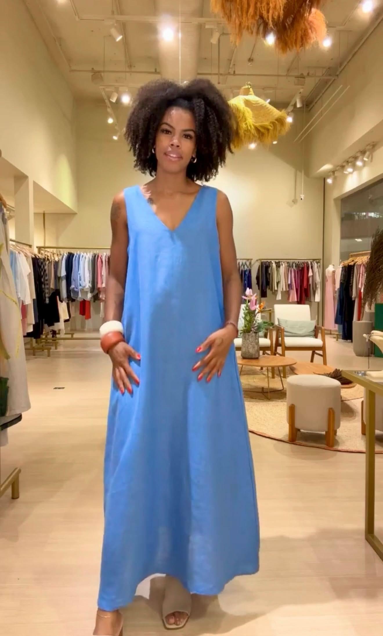 Vestido Paula Linho Azul EZILDINHA