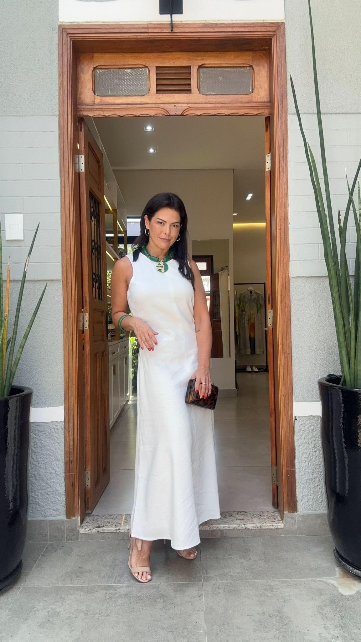 Vestido Viscose com Pesponto Off White
