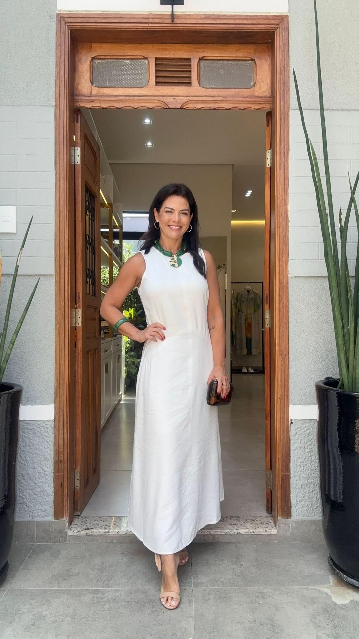 Vestido Viscose com Pesponto Off White
