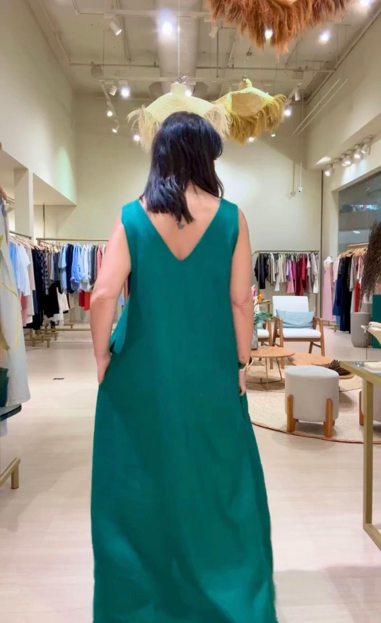 Vestido Paula Linho Verde Esmeralda EZILDINHA