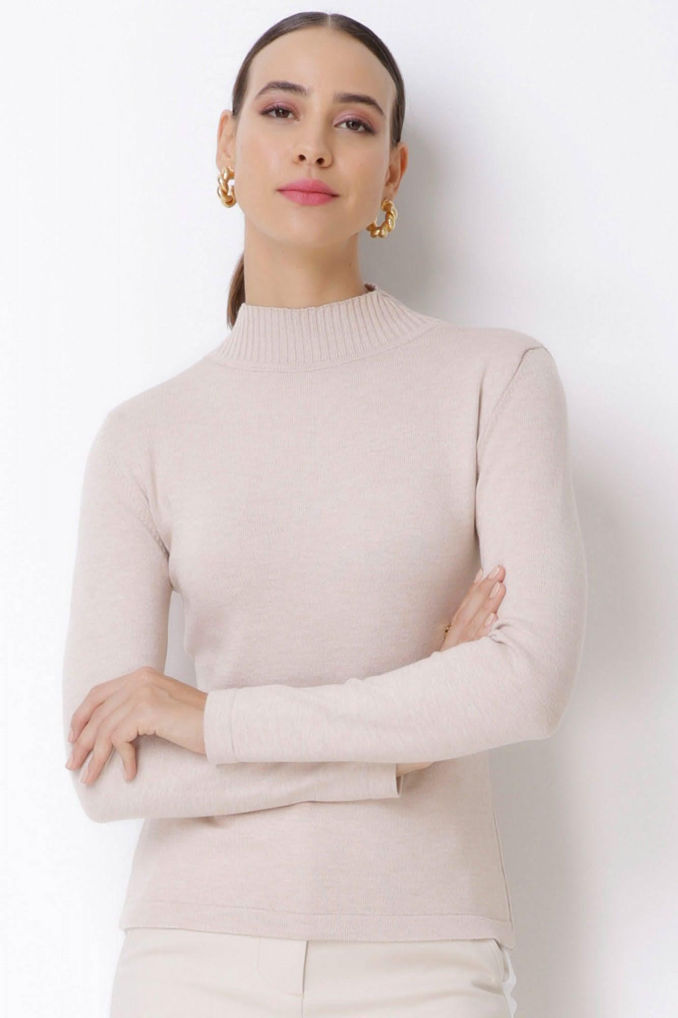 Blusa de Tricot Gola Alta Bege Seiki