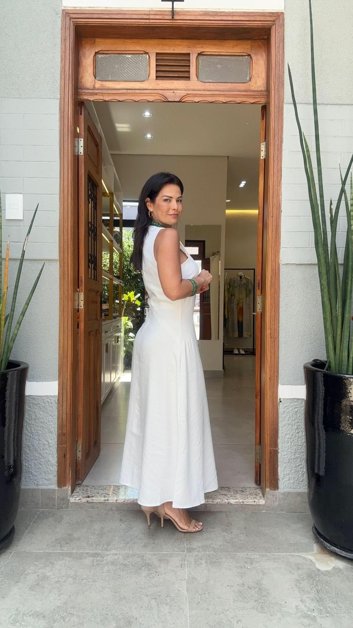 Vestido Viscose com Pesponto Off White
