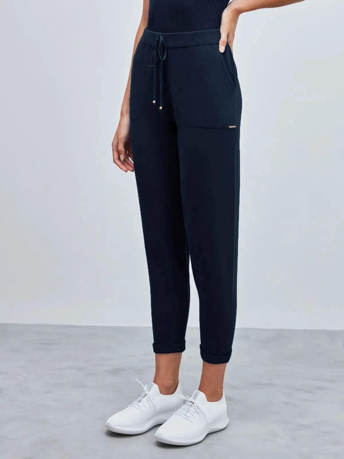 Calça em Tricô com Barra Italiana Azul Marinho